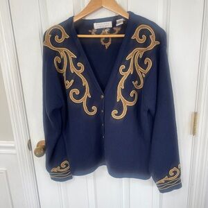 VTG  Portraits By Northern Isles Large  Embroidered Holiday Wool Blend Navy